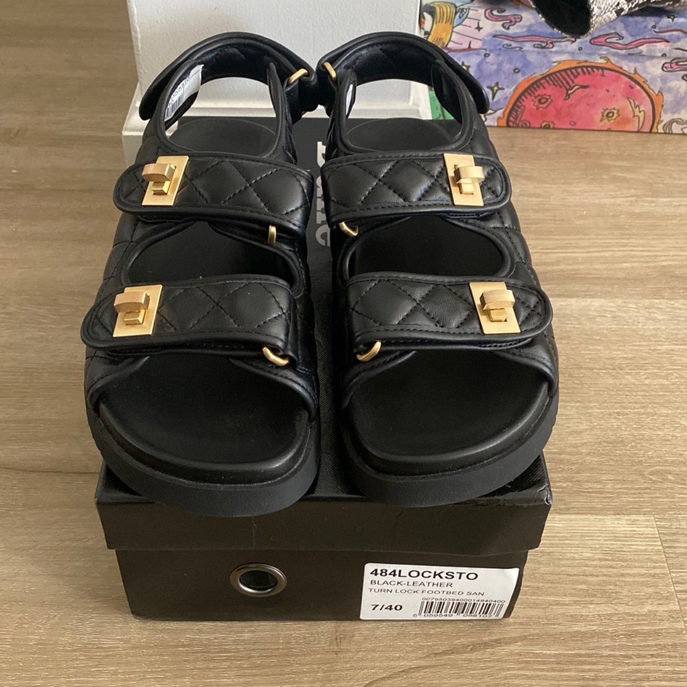 Dune London quilted black leather turn lock Dad sandals sz 40 New